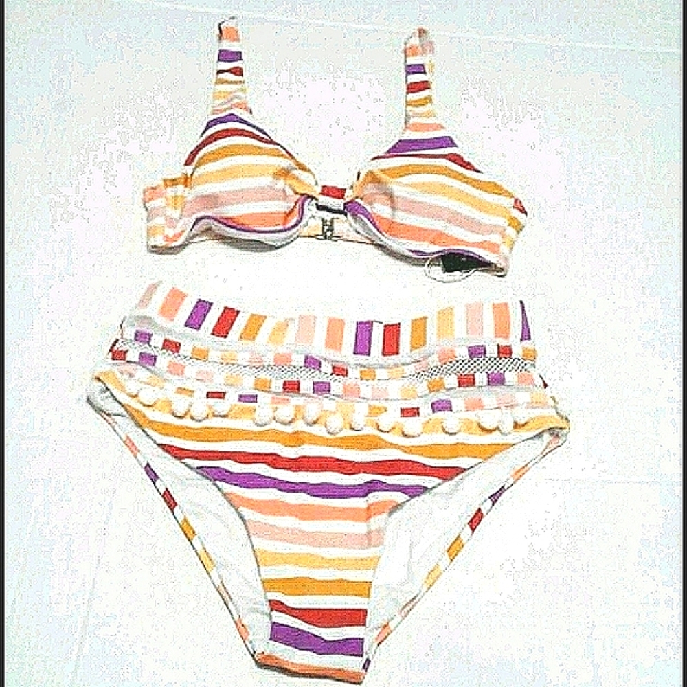 Retro 90s White Multi Striped Pom-poms High Waist Two Piece Bikini Set M